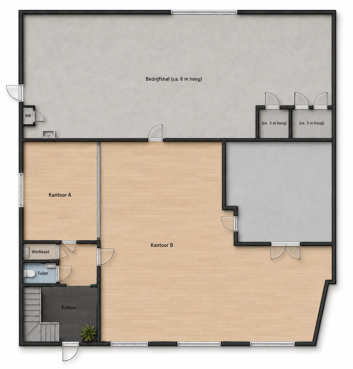 Plattegrond begane grond met ruimte A, ruimte B, entree en bedrijfshal
